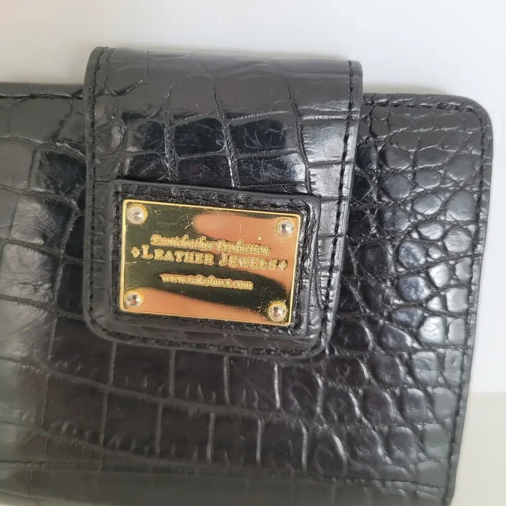 Leather Jewels‎ Leather Wallet Bifold Credit Card Bill Croc Black Small Compact